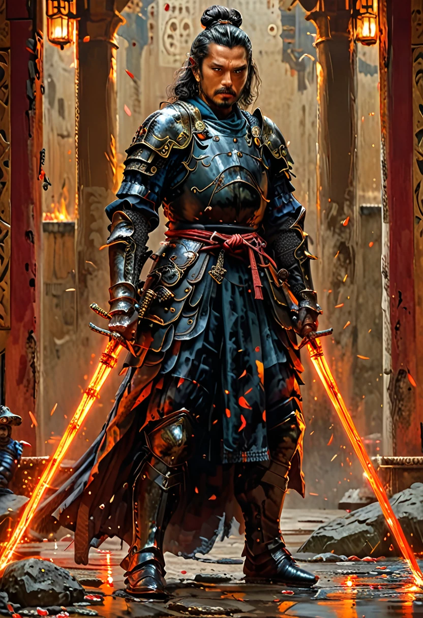 create Epic ultrarealistic random illustration oil on Canvas of master samurai ,in his natural habitat ,by Frank frazzeta and Yanjun Cheng and caravaggio , masterpiece, perfect composition, extreme intrincate detail and textures, 8k resolution, Epic scenery on background
