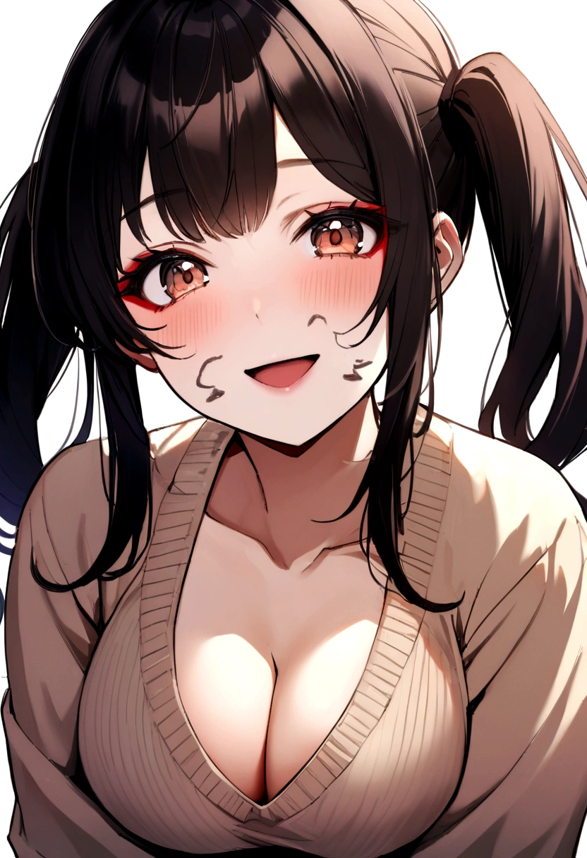 (Highest quality,8K quality,masterpiece:1.3,),(Ultra-high resolution:1.3,Realistic:1.4,RAW Photos:1.2),(Super detailed:1.2,Glowing Skin,Detailed skin:1.1),(Detailed face,Perfect Anatomy,Caustics:1.2), (Symmetrical eyes:1.3),1 Girl,cute,Japanese,24 talents,Japanese Ido,Natural brown hair,Twin tail hair,cute目,Natural Makeup,knit,Laughter,Looking into the camera,On the face,Face Focus,,Professional Writing,Natural soft light,Clothes that reveal cleavage