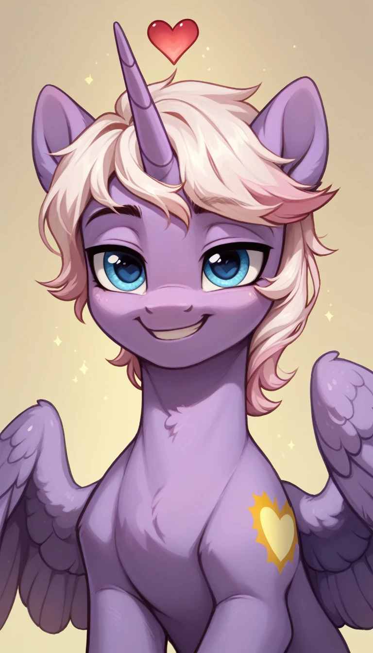 score_9, score_8_up, score_7_up, MLP, purple fur, pink and white hair, light blue eyes, warm smile, golden heart cutie mark , only one stallion alicorn pony