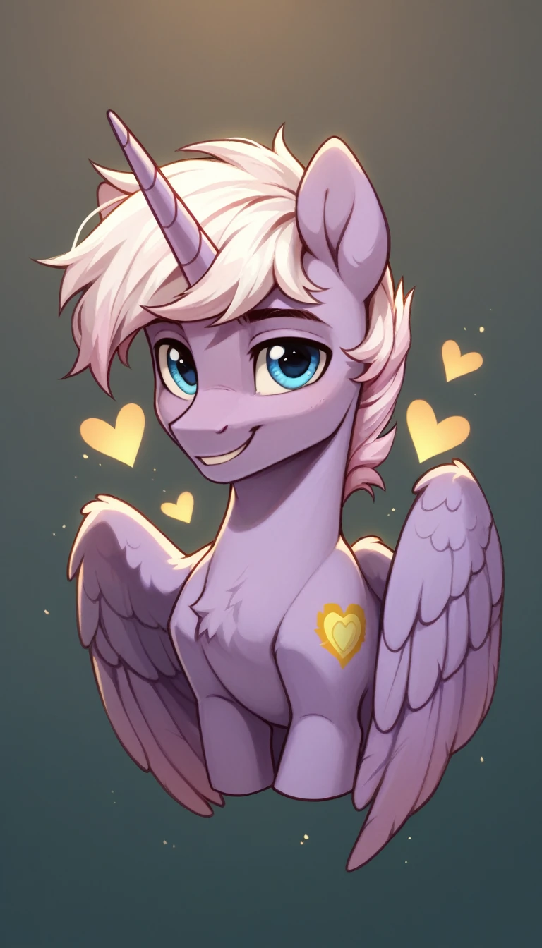 score_9, score_8_up, score_7_up, MLP, purple fur, pink and white hair, light blue eyes, warm smile, golden heart cutie mark , only one stallion alicorn pony