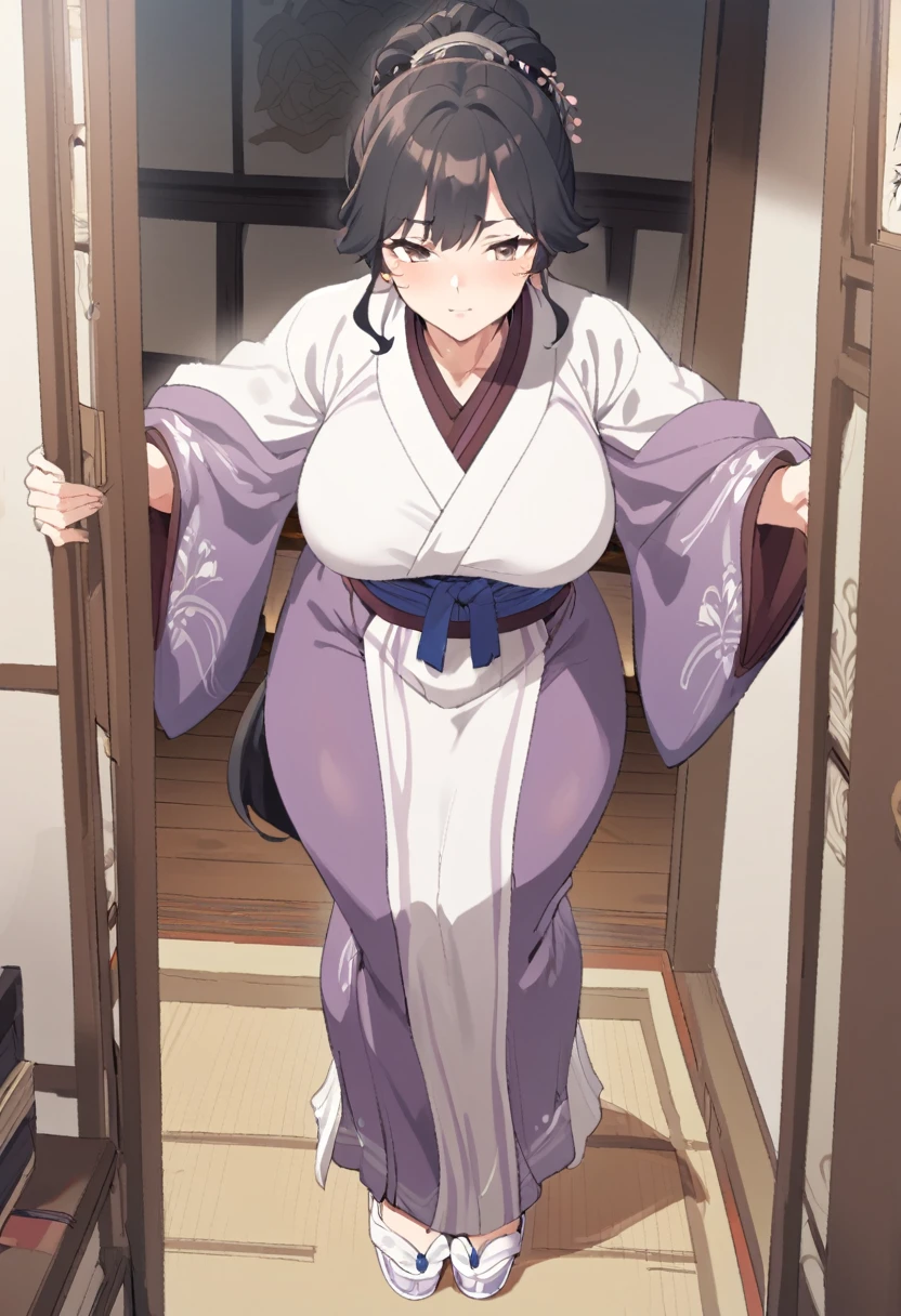 {{full body, facing angle}} {{Artist: sincos}} 1girl, mature female, silky black hair tied in a elaborate updo, Large dark brown eyes with long lashes, curvy figure, ample bossom, blue aoqun hanfu, white silk stockings, white embroidered silk slippers, composed face, indoors, standing, pov
