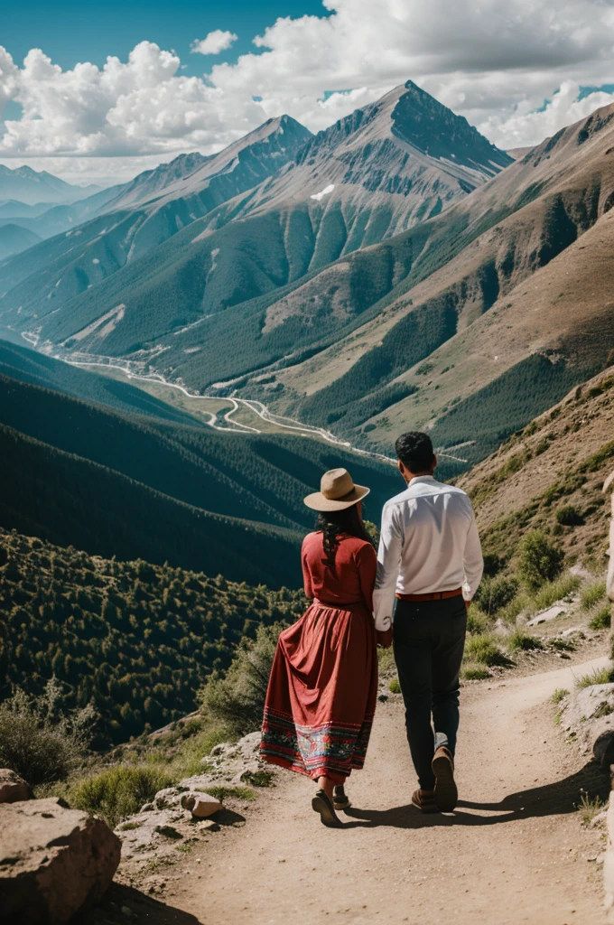 Man and woman with typical clothes from Mexico in mountains landscape