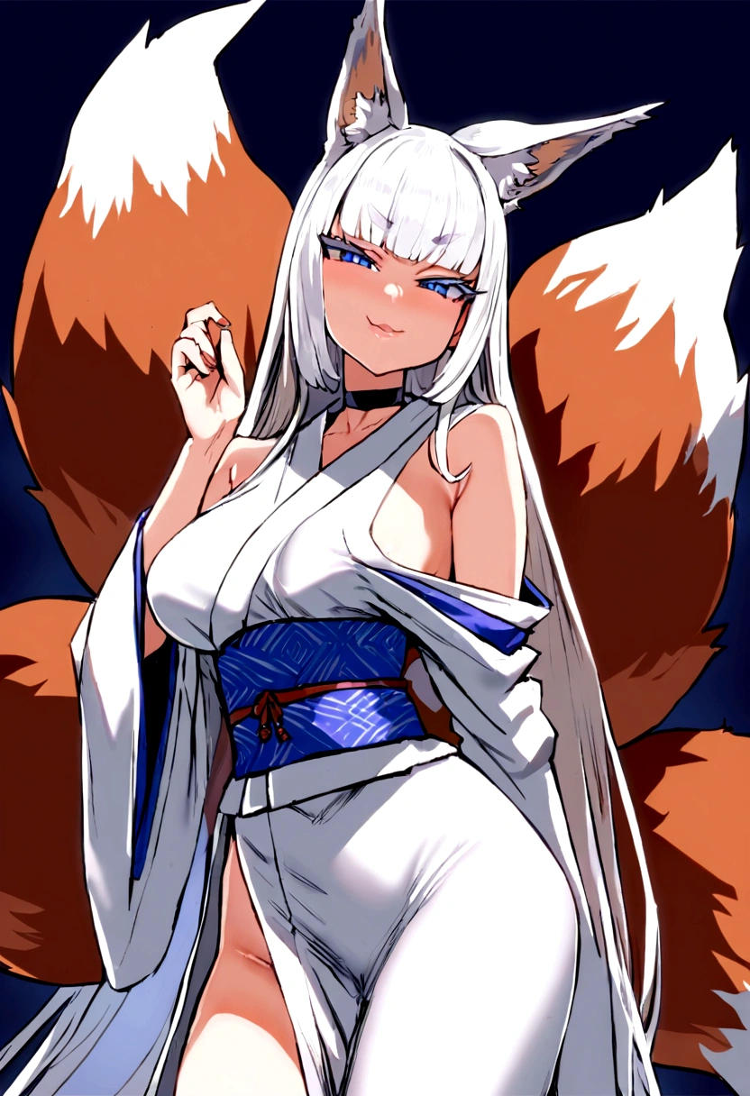 masterpiece, best quality, kitsune 1girl, solo, beautiful kitsune woman, fox ears, bangs, white hair, very long hair, blue eyes, smug, medium breasts, black choker, kimono with the shoulders left bear, white kimono, long kimono, long kimono sleeves, blue sash, 5 white fox tails, white hair, looking at viewer