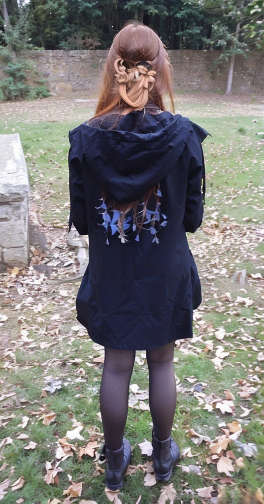 woman with rotated head, ginger, long hair, back photo, head to the back, face visible from the front,