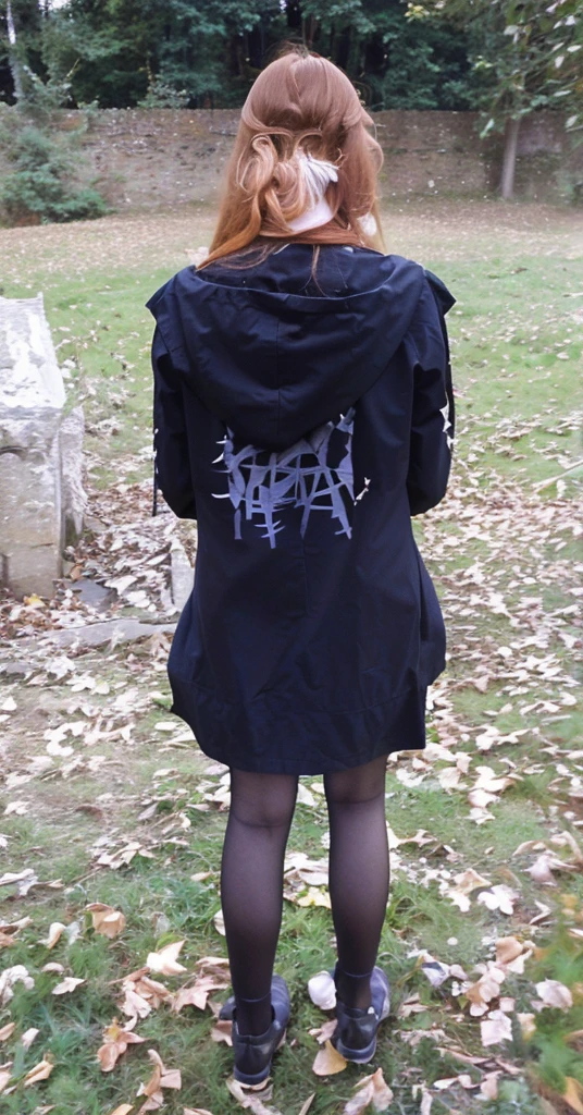 woman with rotated head, ginger, long hair, back photo, head to the back, face visible from the front,