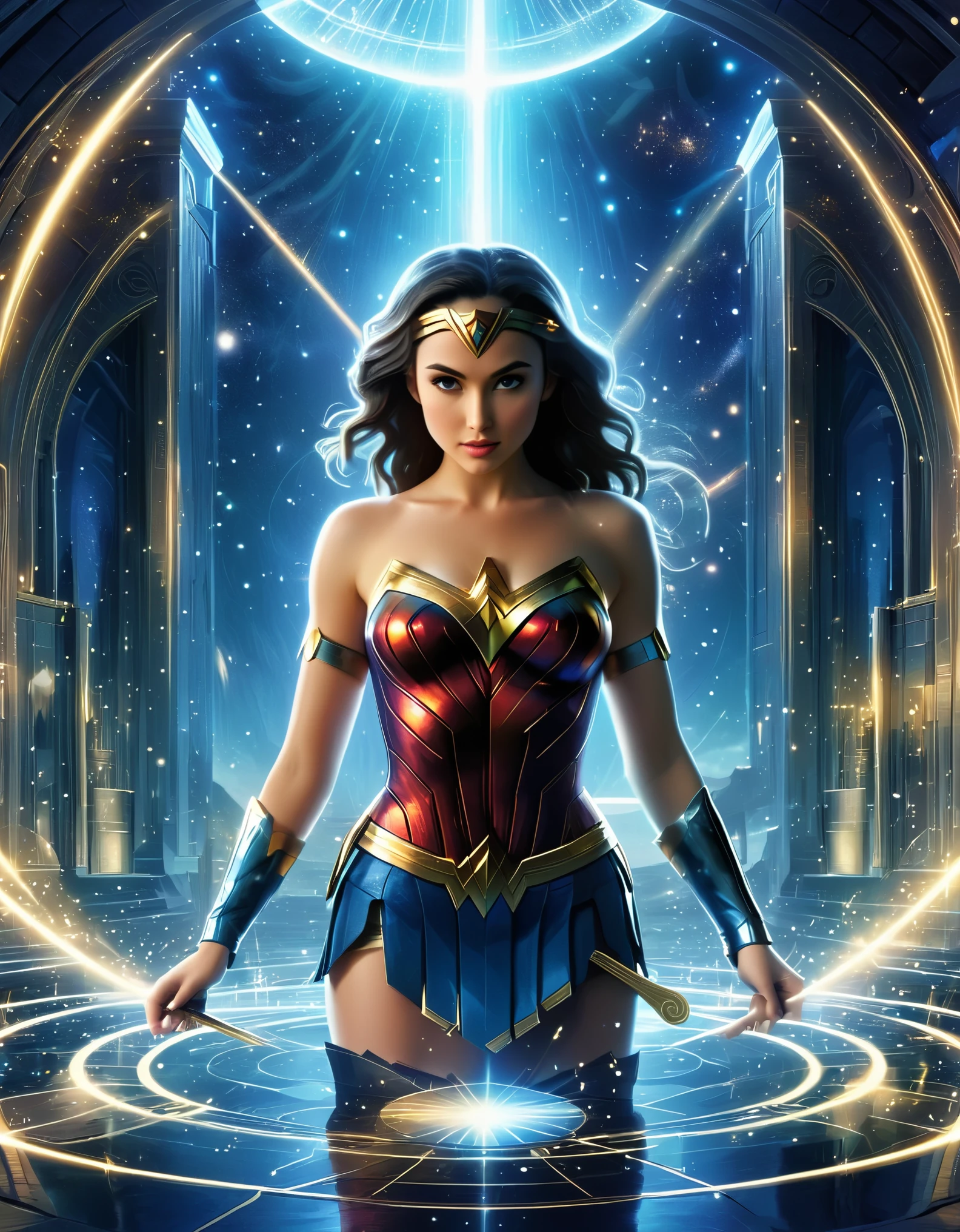 Craft a dreamscape within Plex, where Wonder Woman's diverse iterations manifest as ethereal illusions, blurring the lines between reality and imagination.