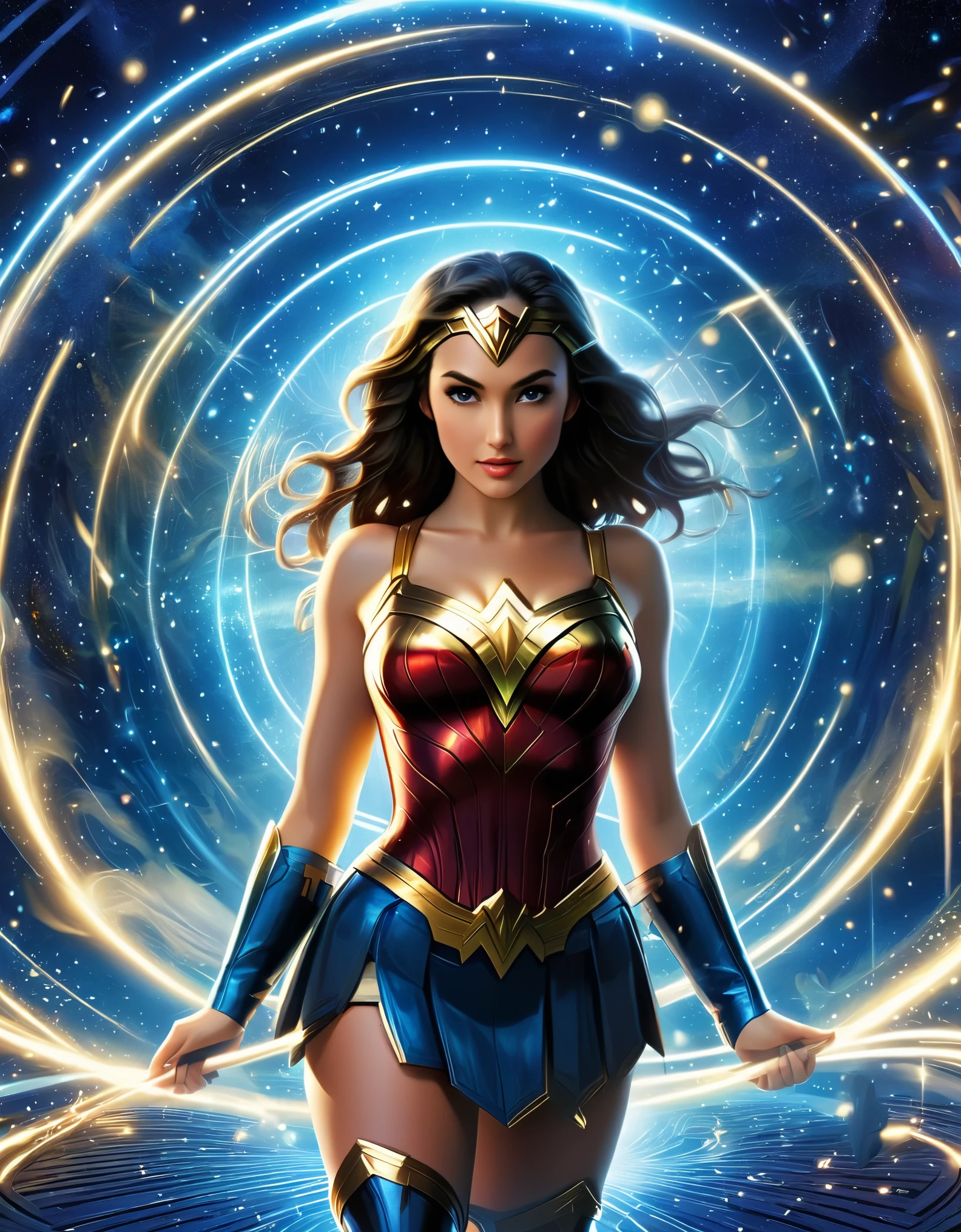 Craft a dreamscape within Plex, where Wonder Woman's diverse iterations manifest as ethereal illusions, blurring the lines between reality and imagination.