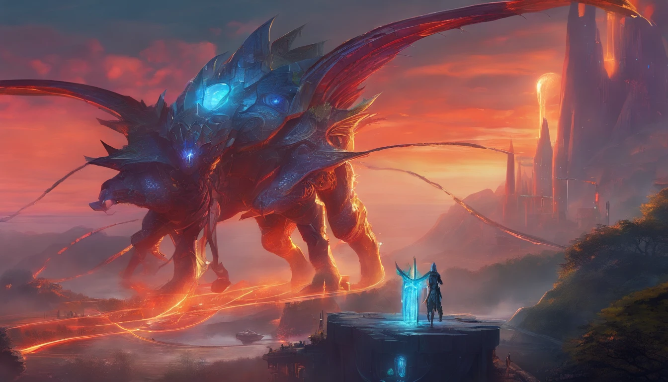 Ancient anime style, artbook, comicbook, RPG, futuristic medieval. Warrior in dragon rat armor, with human face with glowing magic tattoos, red neon details, with technological medieval armor with glowing magic marks, full body, sword with long handle with glowing magic marks. Epic scene, wide and deep scenery, with several depth planes, stylish and dynamic pose. In the middle of a retro atompunk magical metropolis, mixing technology and vegetation, buildings with neon details and glowing magical vegetation, technological magical airships with glowing details in the sky.