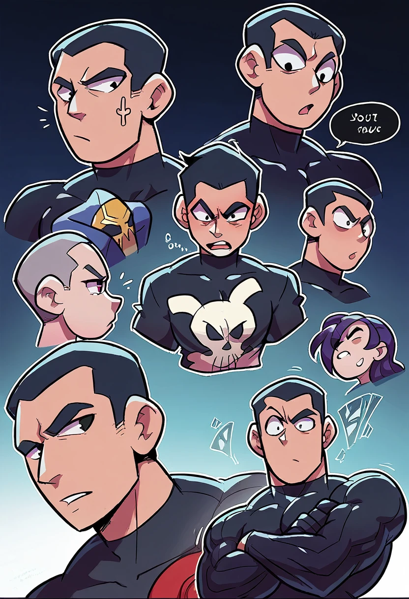 Badass cartoon anime character animated ((black guy in a dark space world)), 4 page comic book, different face expressions, wearing baggy clothes with a gold chain around his neck. Talk and slim body, Dense muscles, buzz cut hairstyle, 2d anime character, Japanese graffiti font, cool unique background