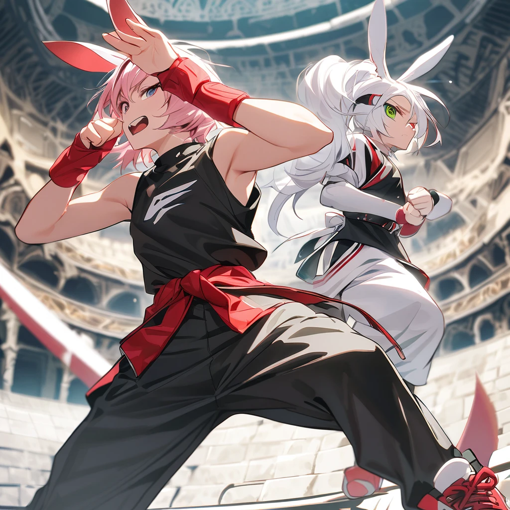 (well done: 1) humanoid white rabbit, dark pink left eye, green right eye, black tank top, bands on the hands up to the forearms, black pants with a red belt on the waist, red sneakers with black details. in a battle pose in a coliseum.