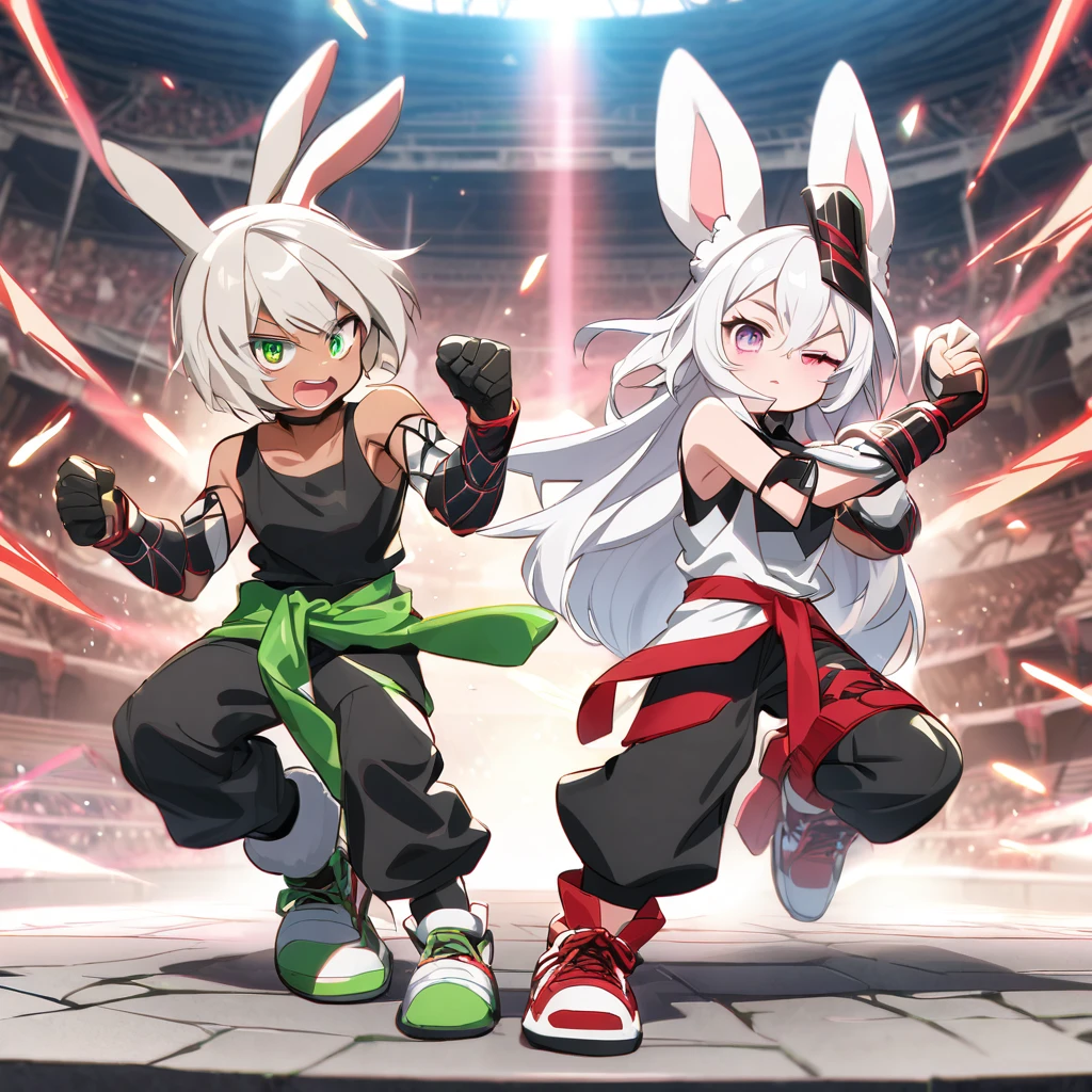 (well done: 1) humanoid white rabbit, dark pink left eye, green right eye, black tank top, bands on the hands up to the forearms, black pants with a red belt on the waist, red sneakers with black details. in a battle pose in a coliseum.