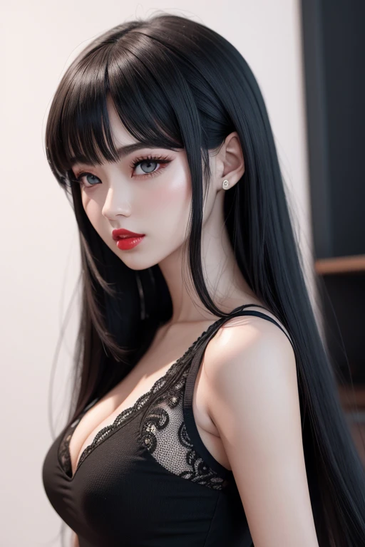 1 girl, dark long hair, glare eyes, Red lips, cute but strong, in 3 d drawing, anime styling