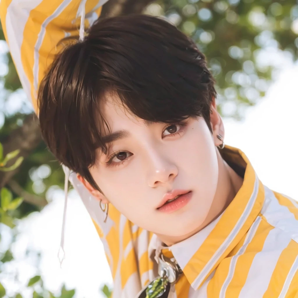 Kpop boy, Jeon Jungkook, smooth skin, big eyes, beautiful lips.