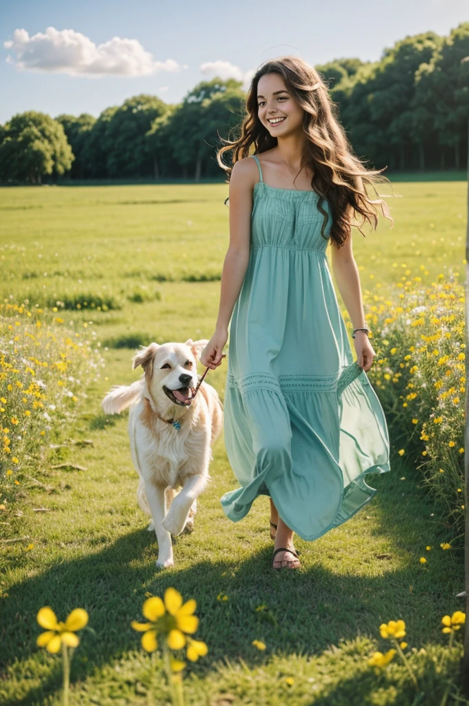 In a vast green field, under a clear blue sky and with the sun softly illuminating the scene, finds a lovely girl. Her wavy hair cascades over her shoulders as she smiles sweetly., enjoying the cool breeze. Wear a light and airy flower dress, that moves with the wind. at your side, a mixed breed dog with pointed ears and bright eyes runs around happily, wagging the tail excitedly. The girl and her dog share a moment of pure happiness, surrounded by wildflowers and the sound of birds singing in the air.