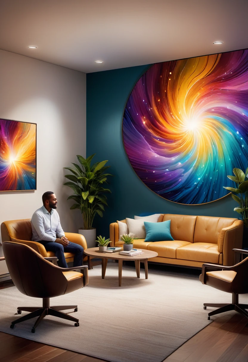 An ultra detailed, 16:9 aspect ratio image of a warm, inviting therapy office. A compassionate therapist and client engaged in conversation. Emotional energy visualized as colorful streams connecting them. Hyper realistic, digital art, soft lighting, cinematic, perfect contrast, high sharpness, depth of field, ultra detailed photography, global illumination, smooth, ultra high definition, 8k, unreal engine 5, ultra sharp focus, award winning photograph.