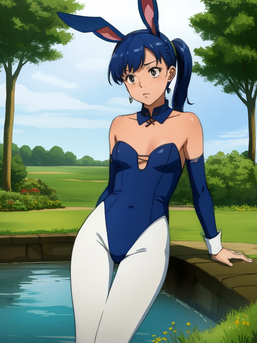 sena, side pony tail, fire hair ,navy blue hair ,1girl, solo, small breasts, ,earrings glossy lips ,looking at viewer, blush, large breasts, nature, pond, trees, park, long white elbow satin gloves, holding, animal ears, cleavage, bare shoulders, jewelry, very l, gentle smile, pantyhose, earrings, rabbit ears,  leotard, fake animal earunny, long white elbow gloves