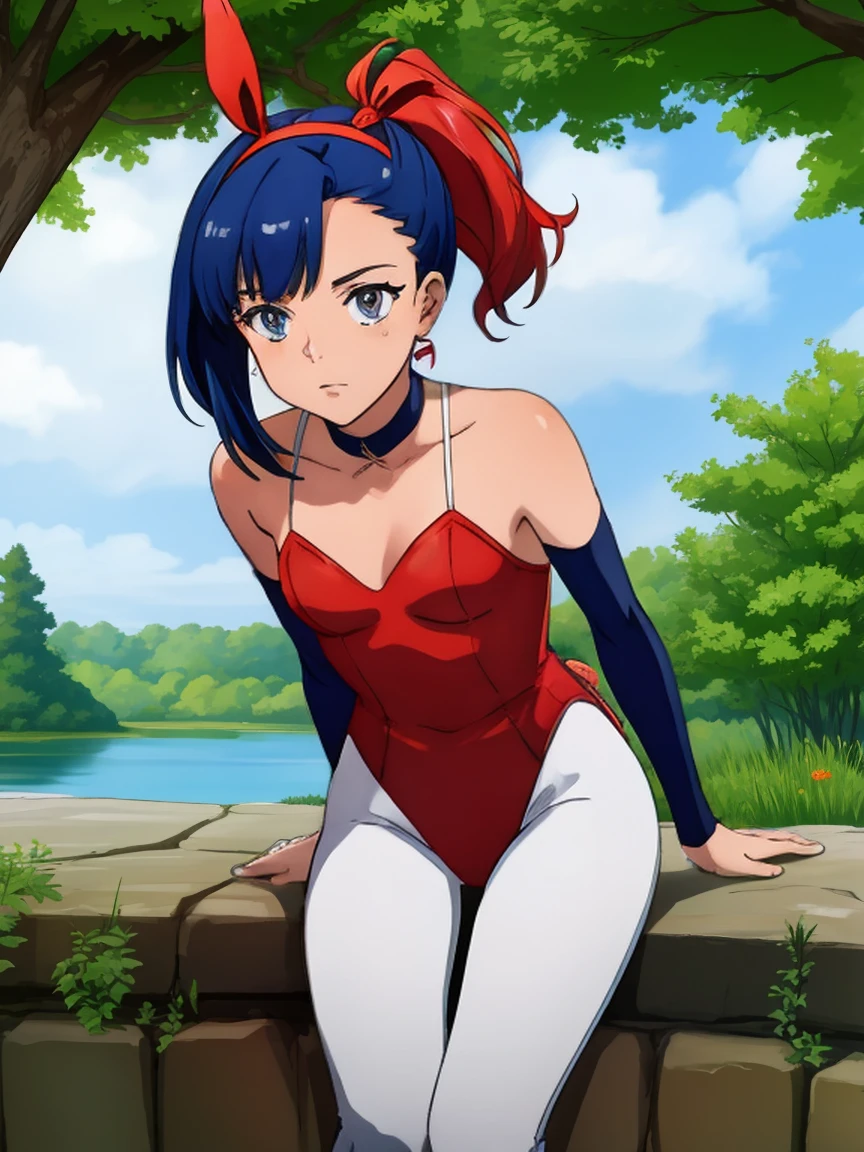 sena, side pony tail, fire hair ,navy blue hair ,1girl, solo, small breasts, ,earrings glossy lips ,looking at viewer, blush, large breasts, nature, pond, trees, park, long white elbow satin gloves, holding, animal ears, cleavage, bare shoulders, jewelry, very l, gentle smile, pantyhose, earrings, rabbit ears,  leotard, fake animal earunny, long white elbow gloves