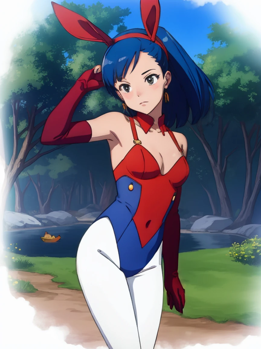 sena, side pony tail, fire hair ,navy blue hair ,1girl, solo, small breasts, ,earrings glossy lips ,looking at viewer, blush, large breasts, nature, pond, trees, park, long white elbow satin gloves, holding, animal ears, cleavage, bare shoulders, jewelry, very l, gentle smile, pantyhose, earrings, rabbit ears,  leotard, fake animal earunny, long white elbow gloves