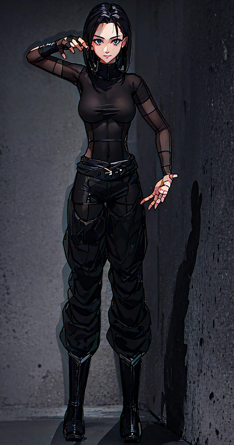 black hair girl, dressed in black, captain boots, black t-shirt, defined muscles