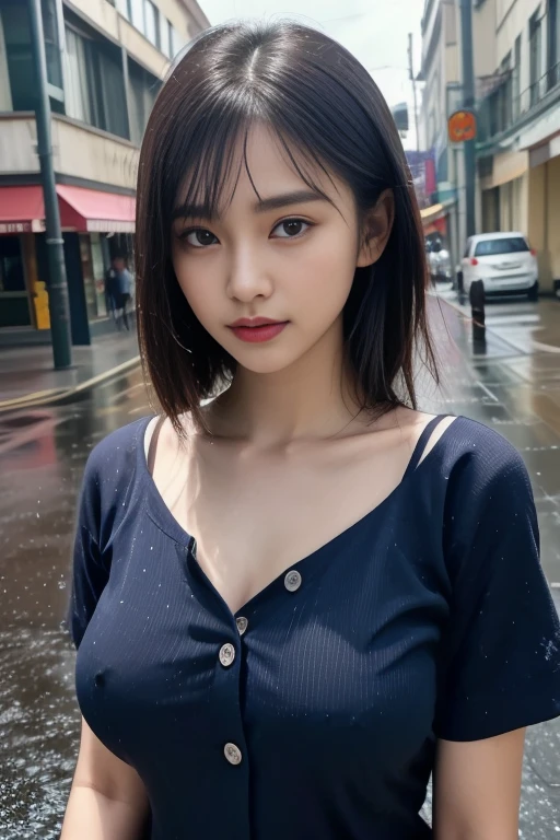 there is a woman with gigantic breast in a standing In the rain, Wet shirt, see through, black underwear, pretty girl standing In the rain, หลังrainและไม่มีสาวๆ, rain, young woman wearing uniform, In the rain, Thai girl, rain award winning photo, school girl, หลังrain, rain!, ในตอนเย็นระหว่างrain, Wet from the rain, rainเปียก, rain portrait, Beautiful and smiling, Masterpiece, best quality:1.2),,(8K,height,raw image,realistic,photo-realistic:1.3),(Fine texture,Fine fabric,Beautifully detailed face:1.25),professional lighting,Photon mapping,beautiful soft light,Radiation,Physical rendering,Ray tracing, Modeling style, Modeling style, (วอลล์เปเปอร์ CG unity 8K ที่มีรายละเอียดมาก), Full-length photos of the most beautiful works of art in the world,