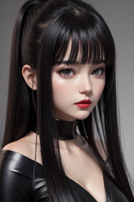 1 girl, dark long hair, glare eyes, Red lips, cute but strong, in 3 d drawing, anime style mysterious pose