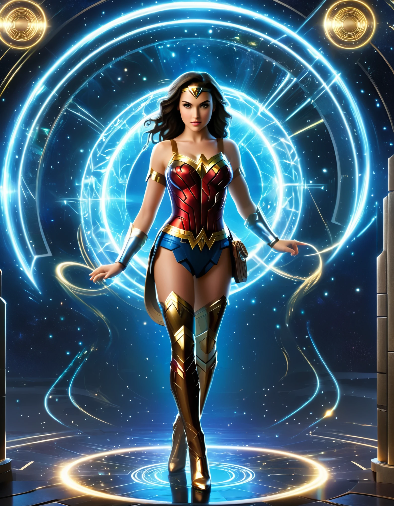 Envision Wonder Woman portals within the Plex interface, allowing seamless travel between parallel universes, each portal revealing a different facet of her character.