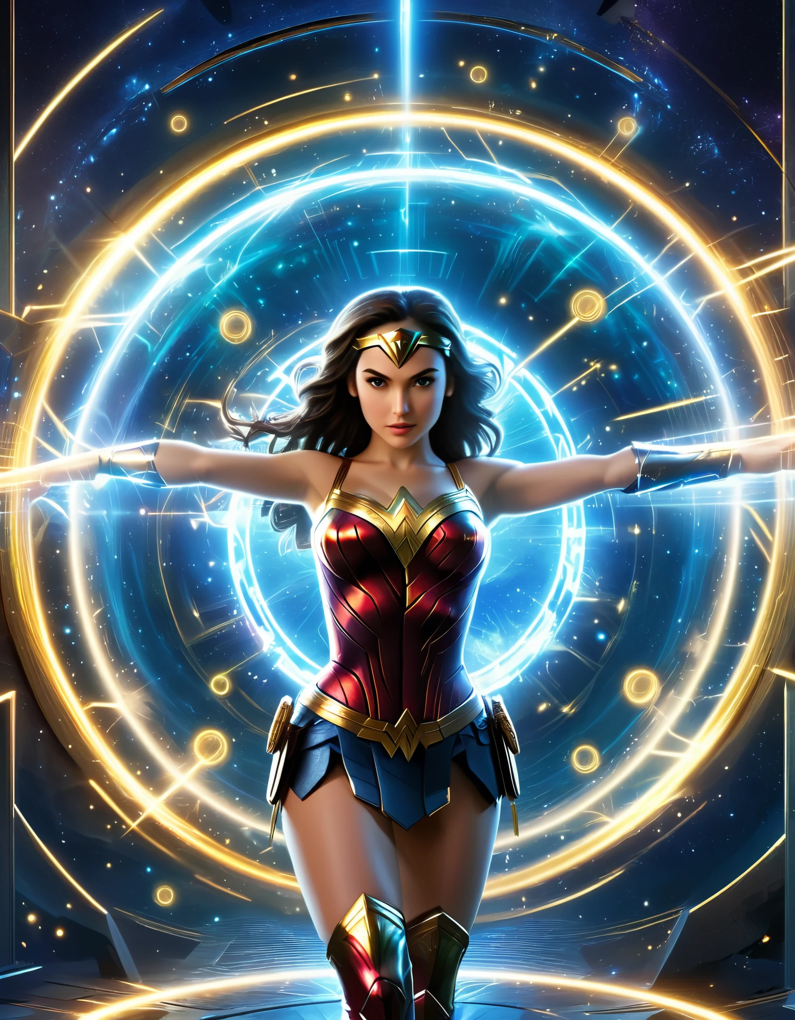 Envision Wonder Woman portals within the Plex interface, allowing seamless travel between parallel universes, each portal revealing a different facet of her character.