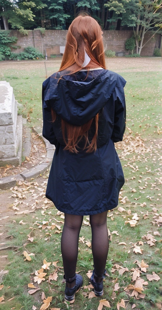 woman with rotated head, ginger, long hair, back photo, head to the back, face visible,