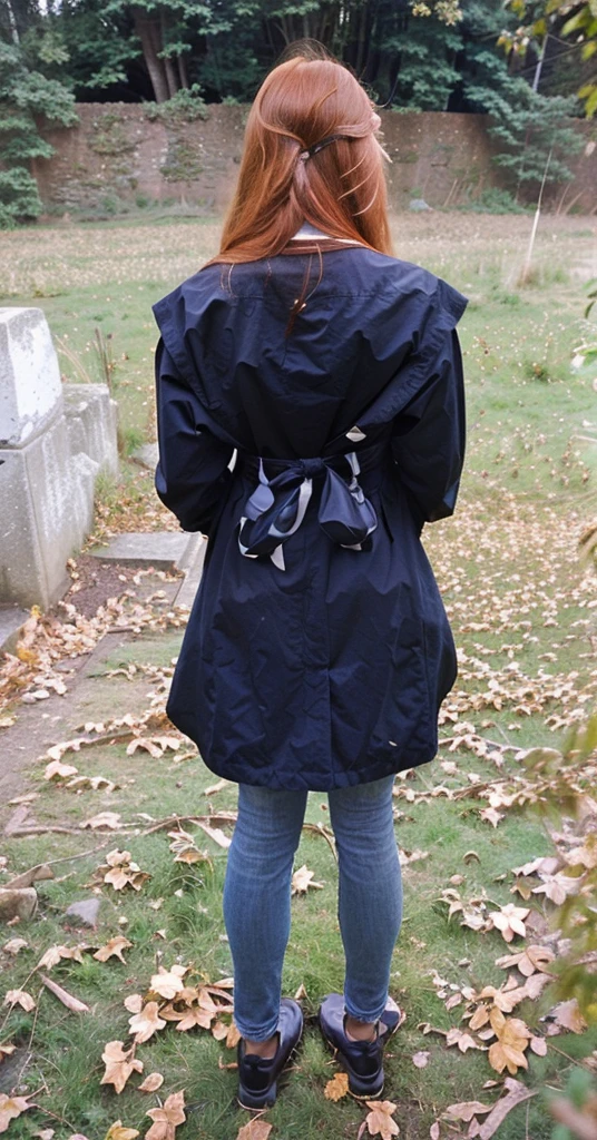 woman with rotated head, ginger, long hair, back photo, head to the back, face visible,