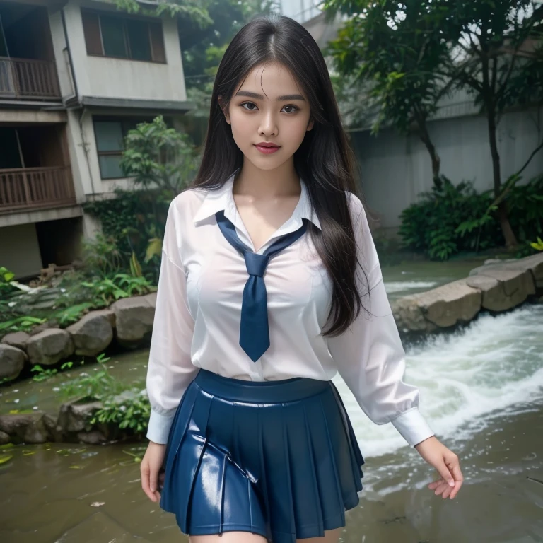 there is a woman with gigantic breast in a  standing In the rain, Wet shirt, see through, black underwear, pretty girl standing In the rain, หลังrainและไม่มีสาวๆ, rain, young woman wearing uniform, In the rain, Thai girl, rain award winning photo, school girl, หลังrain, rain!, ในตอนเย็นระหว่างrain, Wet from the rain, rainเปียก, rain portrait, Beautiful and smiling, Masterpiece, best quality:1.2),,(8K,height,raw image,realistic,photo-realistic:1.3),(Fine texture,Fine fabric,Beautifully detailed face:1.25),professional lighting,Photon mapping,beautiful soft light,Radiation,Physical rendering,Ray tracing, Modeling style, Modeling style, (วอลล์เปเปอร์ CG unity 8K ที่มีรายละเอียดมาก), Full-length photos of the most beautiful works of art in the world,