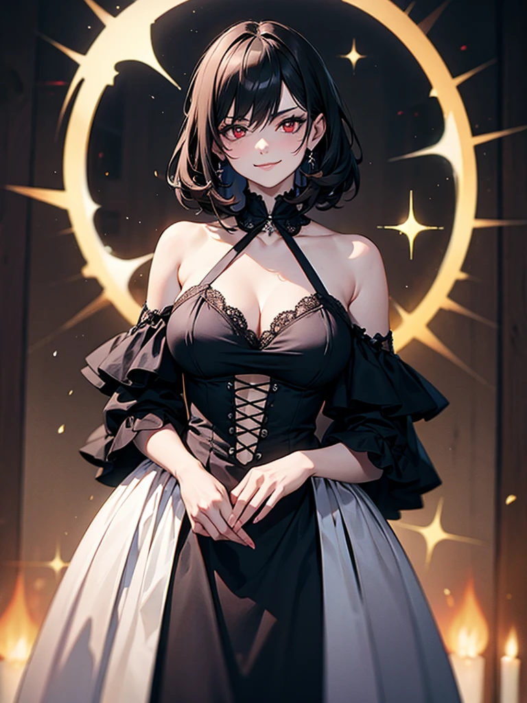 black hair, (solo), (black victorian dress), (smirk), red eyes, pale skin, (pale), ((dark aura)), ((fiendish aura)), indoors, large breasts, ((dark energy aura)), one bare shoulder, ((shoulder is cracked))