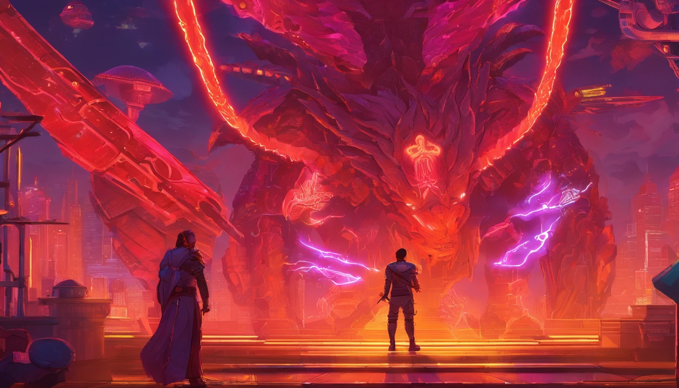 Ancient anime style, artbook, comicbook, RPG, futuristic medieval.  Warrior in dragon rat armor, with human face with glowing magic tattoos, red neon details, with technological medieval armor with glowing magic marks, full body, sword with long handle with glowing magic marks.  Epic scene, wide and deep scenery, with several depth planes, stylish and dynamic pose.  In the middle of a retro atompunk magical metropolis, mixing technology and vegetation, buildings with neon details and glowing magical vegetation, technological magical airships with glowing details in the sky.