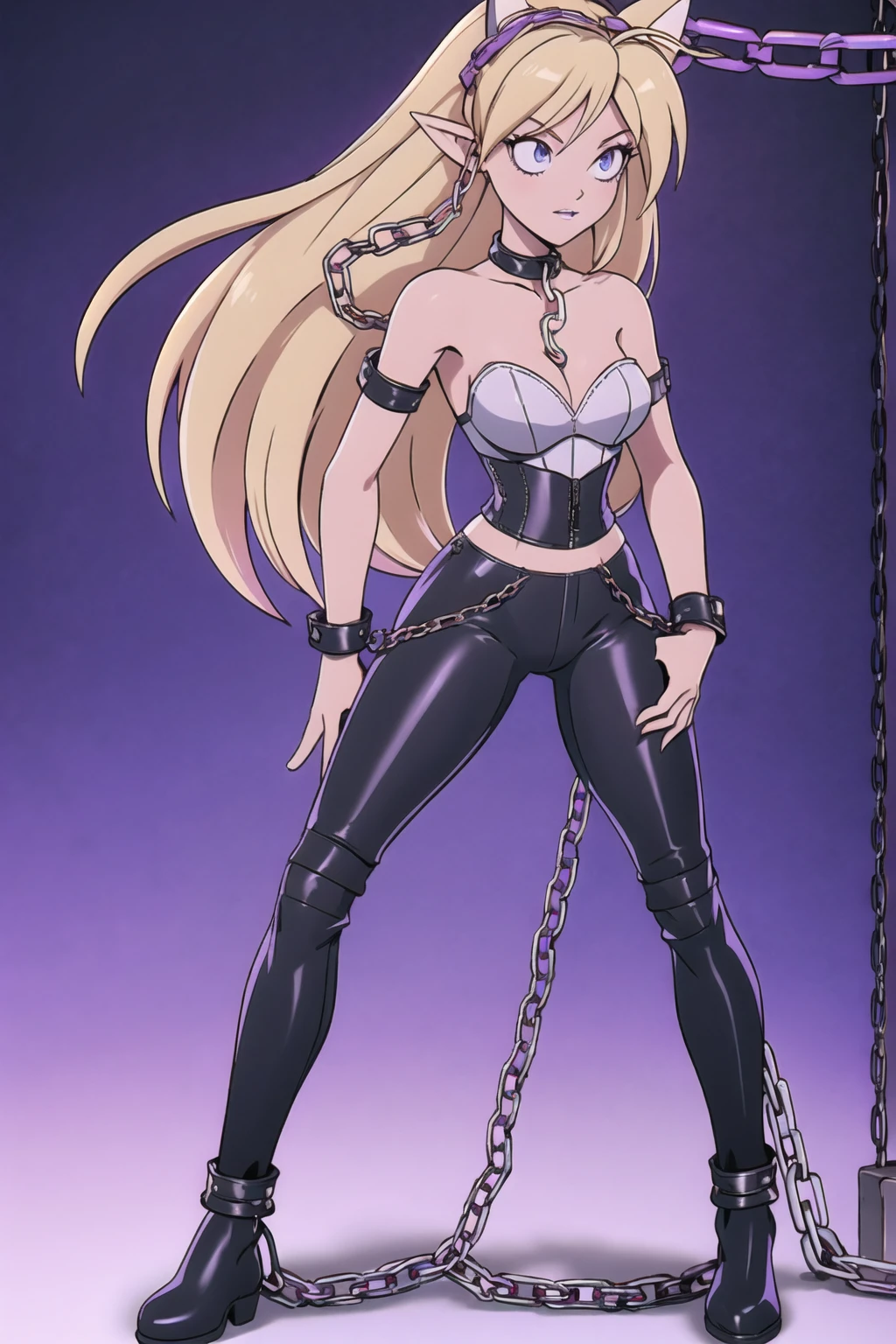 ((Full body photo, standing, feet on the ground)) Beautiful 1girl, full body, ager, solo, (very long waist length blonde hair, straight blonde hair: 1.28), ((light blue eyes)), clear skin, (large darker fox ears: 1.35), pale skin, medium breasts, cleavage, (thin hips, thin waist , athletic body: 1.25), background, looking away, (wearing leather corset purple, bare shoulders, leather pants with chains: 1.5), groping chest, kneeling in a bed, masterpiece, best quality,3d rending work ,3DMM style, close-up, portrait, 3D,