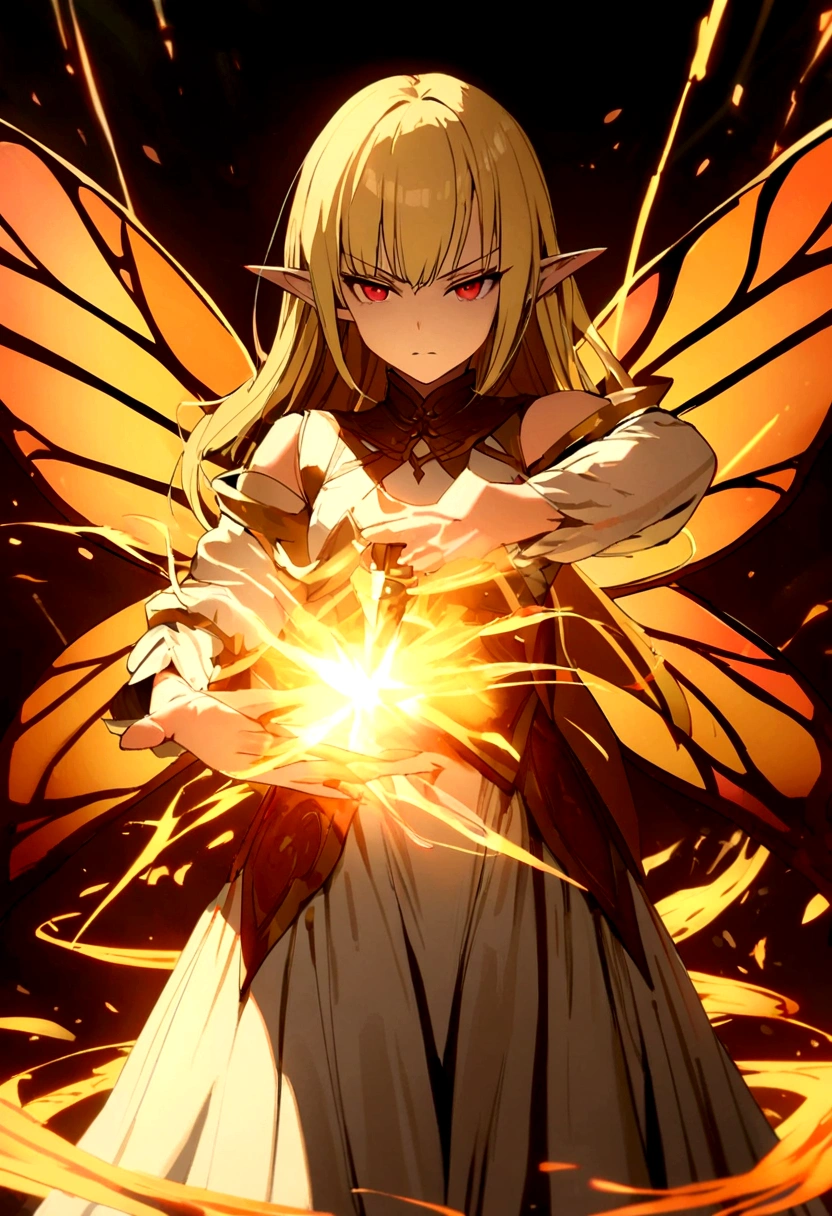 Fairy girl with wings and a book in hand, Classic Long Dress, Fairy Wings, Red eyes and Blonde Hair, Golden Hair, Serious face, Magic, arcane powers, RPG Character, pointy ears, look serious, casting a spell, casting a fire spell, fire, 4k, full hd