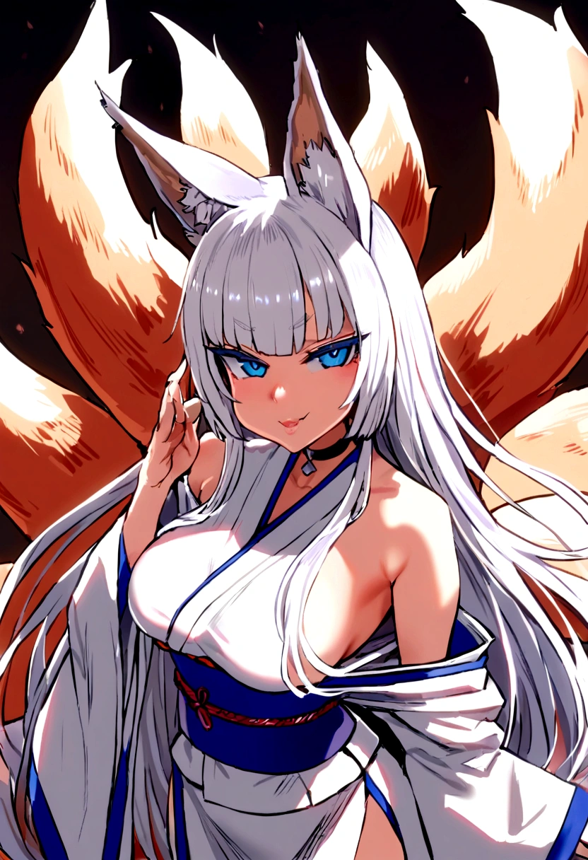 masterpiece, best quality,  kitsune 1girl, solo, beautiful kitsune woman, fox ears, bangs, white hair, very long hair, blue eyes, smug, medium breasts, black choker, kimono with the shoulders left dawn, white kimono, long kimono, long kimono sleeves, blue sash, 5 white fox tails, white hair, looking at viewer 