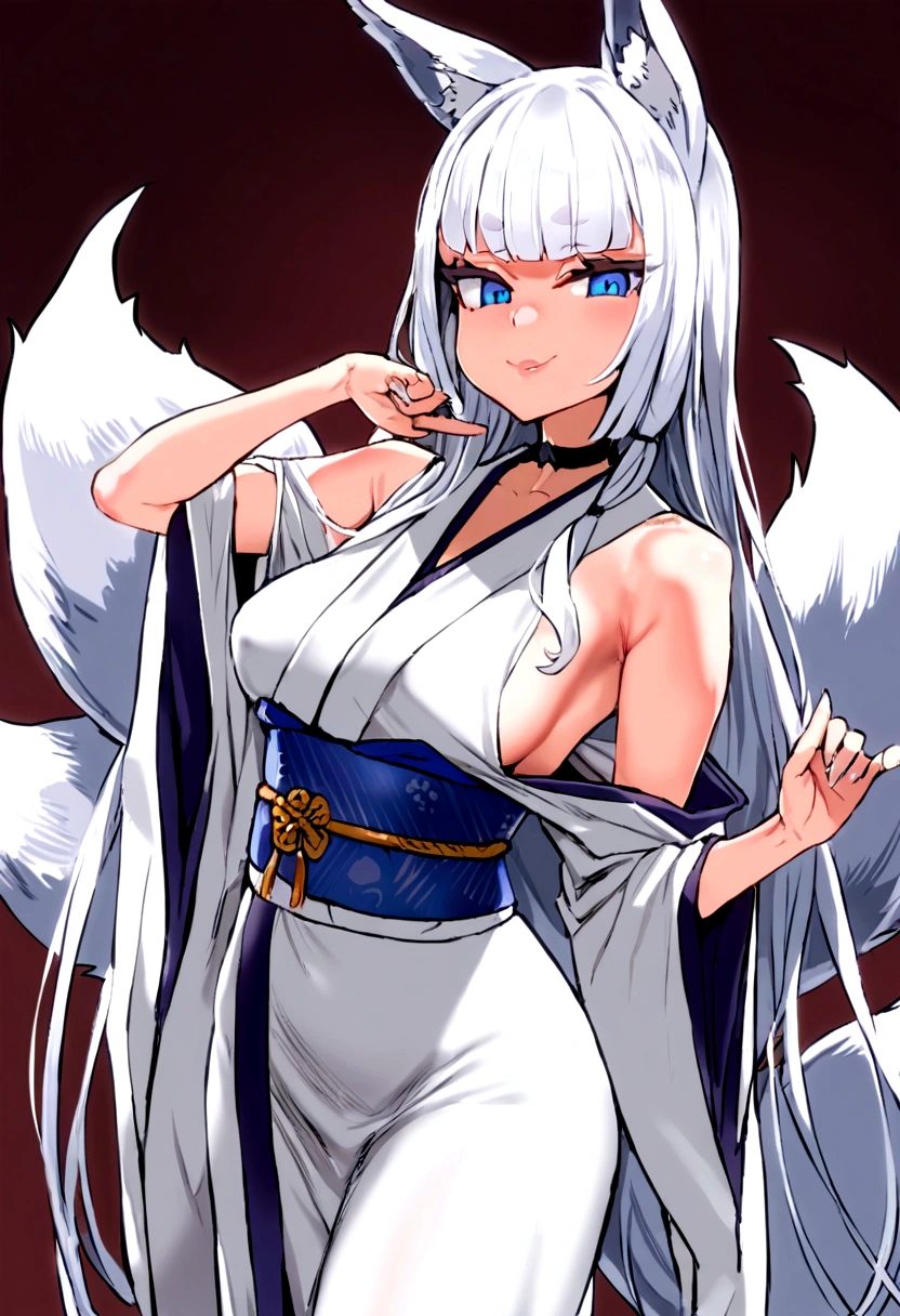 masterpiece, best quality,  kitsune 1girl, solo, beautiful kitsune woman, fox ears, bangs, white hair, very long hair, blue eyes, smug, medium breasts, black choker, kimono with the shoulders left dawn, white kimono, long kimono, long kimono sleeves, blue sash, 5 white fox tails, white hair, looking at viewer 