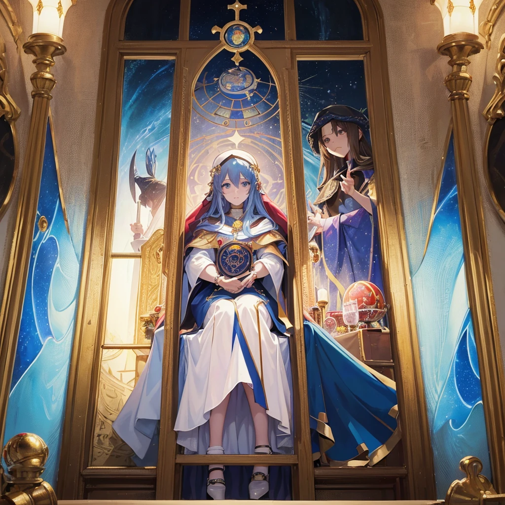 Tarot Cards（Female Pope(Salvator Mundi）のLast Supper（　canteen　Draw on canvas（Stained glass（Valentine　hologram　Blue light swirling）　Last Supper　　holy grail　Christ　smile）Anime Poster、oil）
