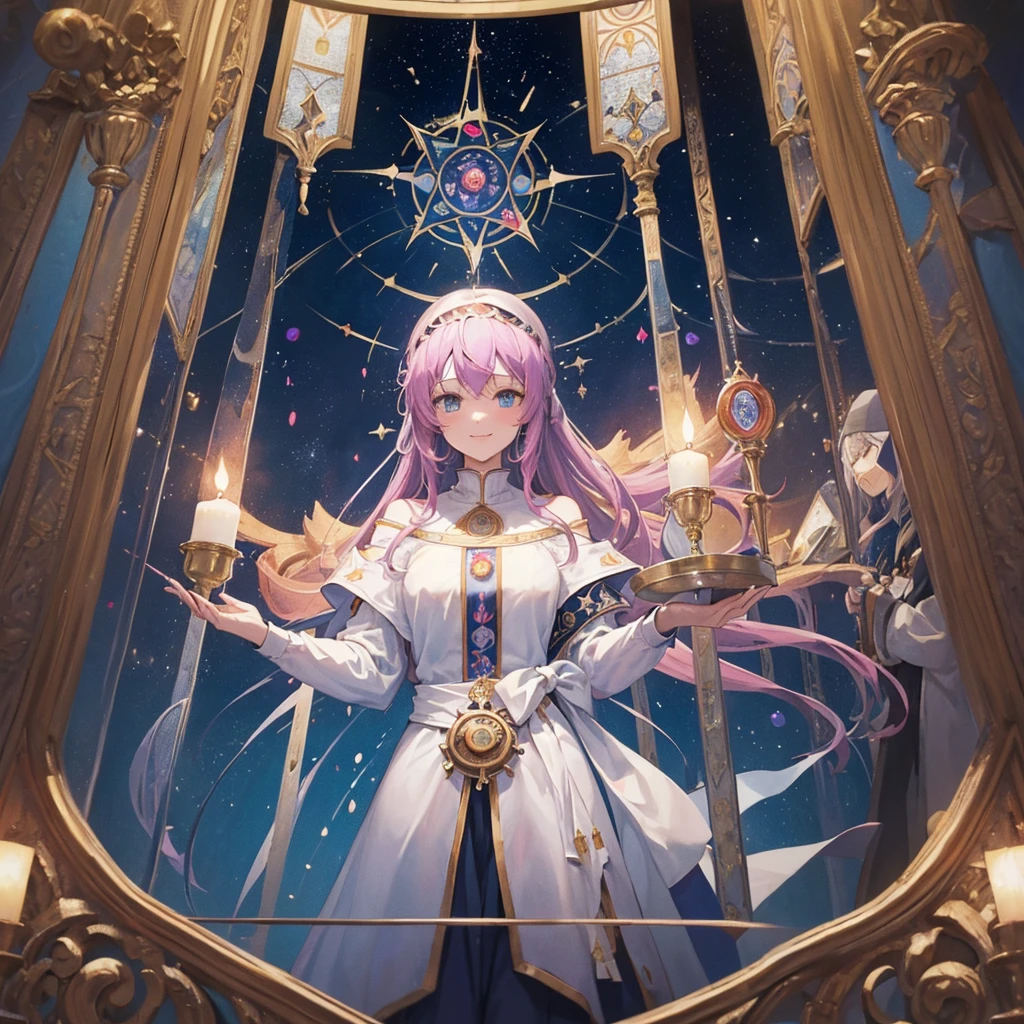 Tarot Cards(Female Pope(Salvator Mundi)のLast Supper( canteen Draw on canvas(Stained glass(Valentine hologram Blue light swirling) Last Supper holy grail Christ smile)Anime Poster、oil)