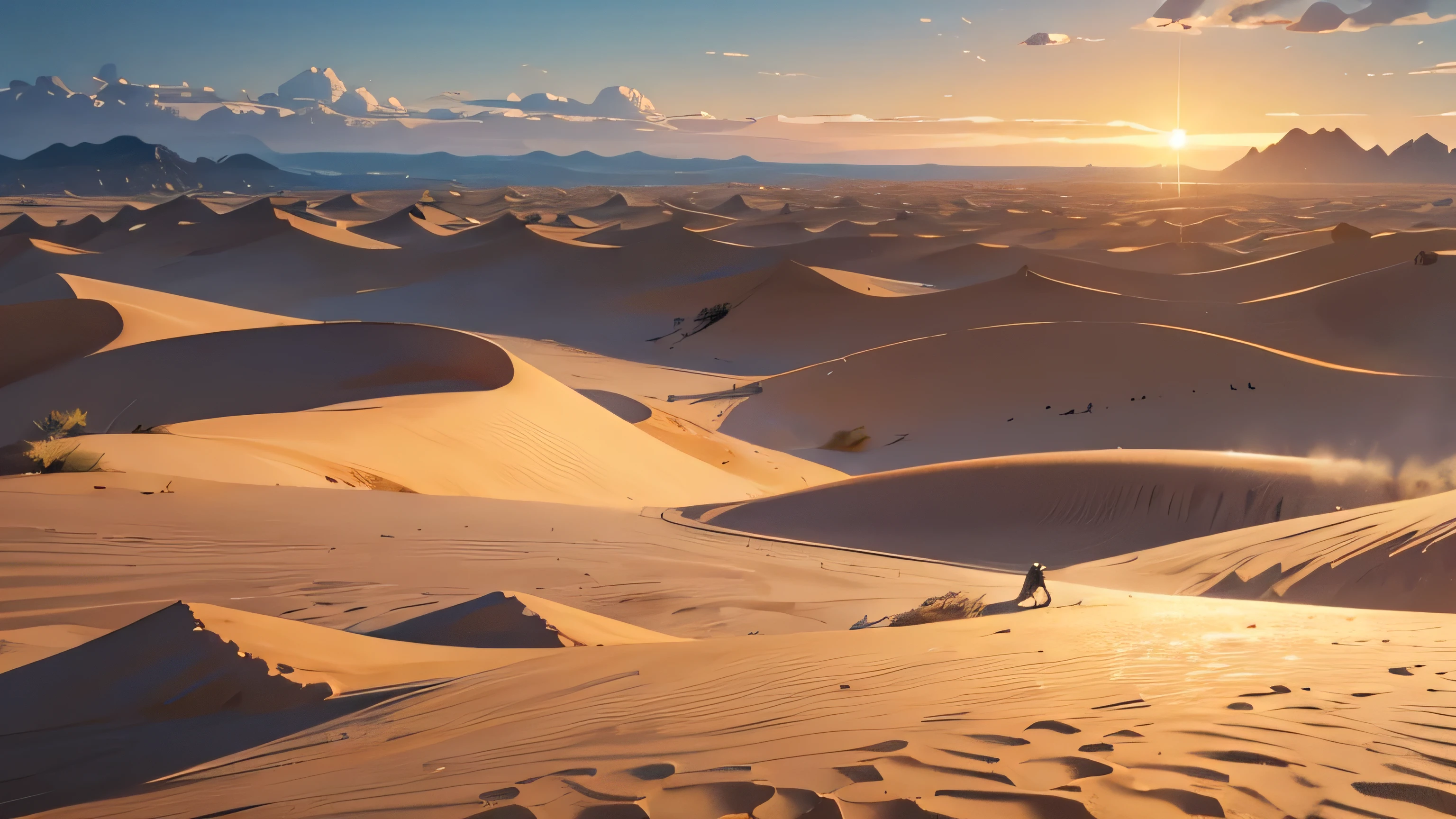 vast desert, where golden sand dunes stretch as far as the eye can see. The sky is deep blue, no clouds, and the sun shines brightly, casting long, defined shadows. over the horizon, the dunes curve and undulate, creating a sea of sand. A few sparse, dry trees dot the landscape, their thin shadows offering a modicum of refuge from the relentless heat. Small weather-resistant shrubs are scattered here and there, surviving against all odds. A sandstorm brews in the distance, a wall of dust that rises menacingly, ready to sweep away everything in its path. Ao fundo, an ancient rock formation rises, sculpted by wind and sand over the millennia, a silent testimony to the passage of time.