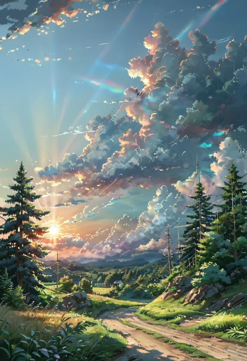 (Makoto Shinkai),Summer countryside, Midsummer, Iridescent clouds and trees, Sunset, High brightness, High saturation, High contrast, 8KHDR
