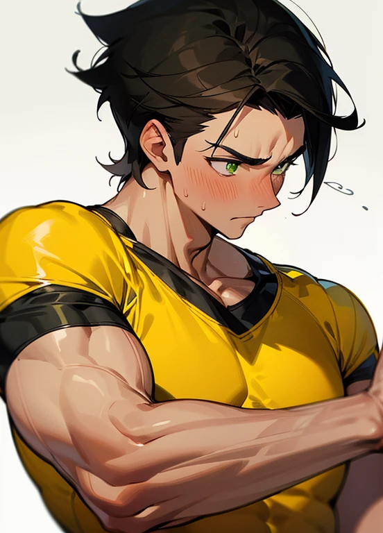 1muscular sportsman, male focus, Yellow and black tight T-shirt, muscular male, muscular, only, Upper body, alone, look to the side, short hair, stubble, black hair, green eyes, White background, simple background, amazing quality, best aesthetics, Ridiculous, short hair, bright pupils, open lips, Sweat, Awkward, blush, best quality
