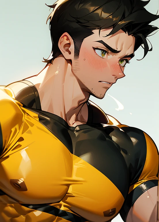 anime characters:Gyee, Priapuuscle Sports Student, 1 muscular tough guy, Manliness, male focus, Light yellow high collar long sleeve tight T-shirt, Very tight, The clothes were soaked with sweat, The pectoral muscles are oversized, Slightly transparent, muscular male, muscular, only, Upper body, alone, Black short hair, Thick eyebrows, stubble, Yellow eyes, Grey background, simple background, amazing quality, best aesthetics, Ridiculous, bright pupils, crew cut, parted lips, shy, blush, moaning, saliva trail, drop shadow, best quality