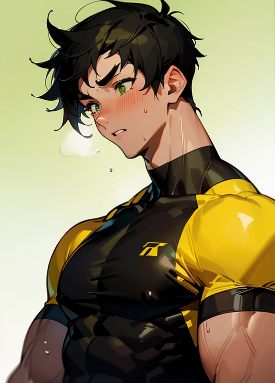 1muscular sportsman, male focus, Yellow and black tight T-shirt, muscular male, muscular, only, Upper body, alone, look to the side, short hair, stubble, black hair, green eyes, White background, simple background, amazing quality, best aesthetics, Ridiculous, short hair, bright pupils, open lips, Sweat, Awkward, blush, best quality