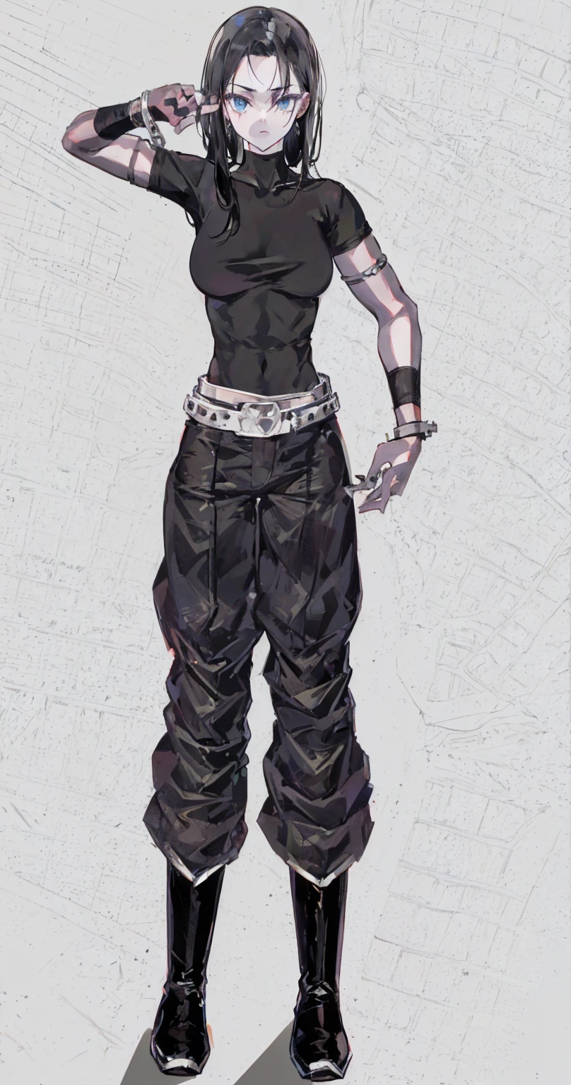 black hair girl, dressed in black, captain boots, black t-shirt, defined muscles