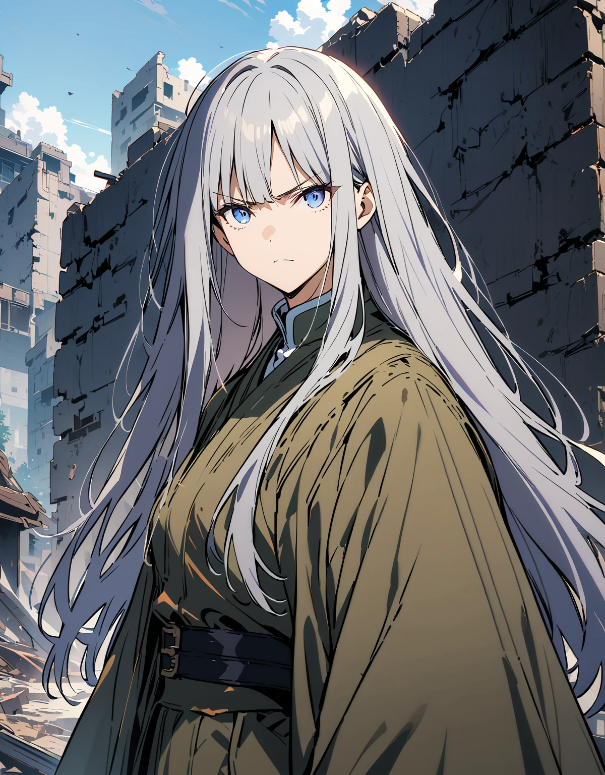 Highest quality、Very high quality、high resolution、Serious face,(Detailed face), (Fine grain),Gray-haired  流れるような髪と長い全身ローブ, Black boots,(The moon behind him),  白いLong Hairの,  Gray-haired, Long Hair,(Looking up at the sky)profile,Background ruins