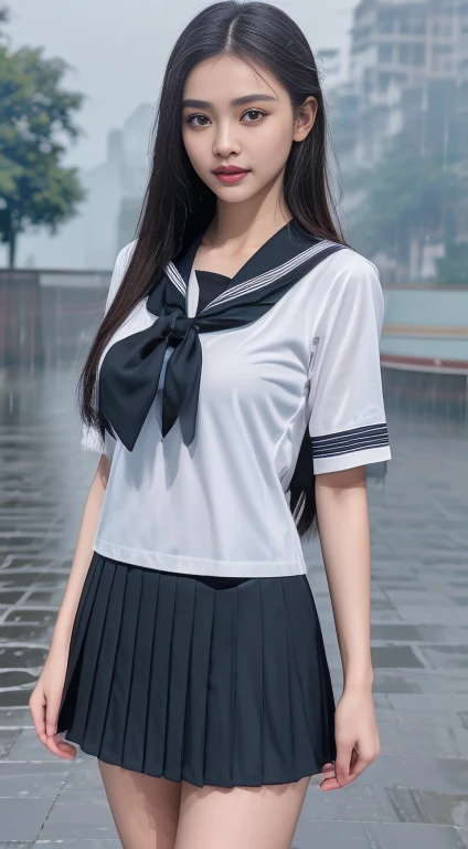 there is a woman with gigantic breast in a standing In the rain, Wet shirt, see through, black underwear, pretty girl standing In the rain, หลังrainและไม่มีสาวๆ, rain, young woman wearing uniform, In the rain, Thai girl, rain award winning photo, school girl, หลังrain, rain!, ในตอนเย็นระหว่างrain, Wet from the rain, rainเปียก, rain portrait, Beautiful and smiling, Masterpiece, best quality:1.2),,(8K,height,raw image,realistic,photo-realistic:1.3),(Fine texture,Fine fabric,Beautifully detailed face:1.25),professional lighting,Photon mapping,beautiful soft light,Radiation,Physical rendering,Ray tracing, Modeling style, Modeling style, (วอลล์เปเปอร์ CG unity 8K ที่มีรายละเอียดมาก), Full-length photos of the most beautiful works of art in the world,