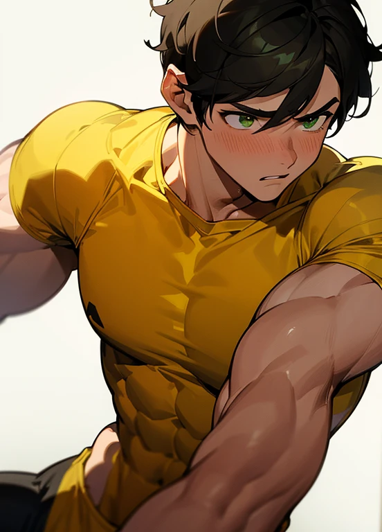 1muscular sportsman, male focus, Yellow and black tight T-shirt, muscular male, muscular, only, Upper body, alone, look to the side, short hair, stubble, black hair, green eyes, White background, simple background, amazing quality, best aesthetics, Ridiculous, short hair, bright pupils, open lips, Sweat, Awkward, blush, best quality