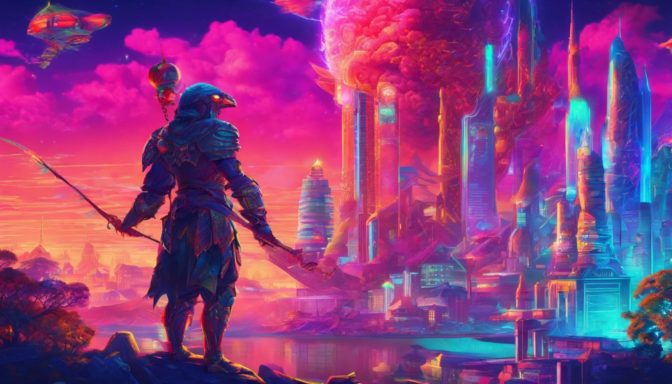 Ancient anime style, artbook, comicbook, RPG, futuristic medieval. Warrior in dragon rat armor, with human face with glowing magic tattoos, red neon details, with technological medieval armor with glowing magic marks, full body, sword with long handle with glowing magic marks. Epic scene, wide and deep scenery, with several depth planes, stylish and dynamic pose. In the middle of a retro atompunk magical metropolis, mixing technology and vegetation, buildings with neon details and glowing magical vegetation, technological magical airships with glowing details in the sky.
