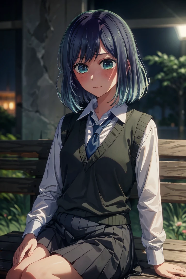 best quality, masterpiece, 1 girl, alone, detailed eyes, cheerful, very blushing, tie, shirt, blue tie, blue hair, white shirt, long sleeves, medium hair, collared shirt, vest, indoors, bangs, vest, closed mouth, green eyes, multicolored hair, black vest, short hair, bleached hair, blue eyes, skirt, night, flower park background, sitting on a bench, leaning on the back of the bench,