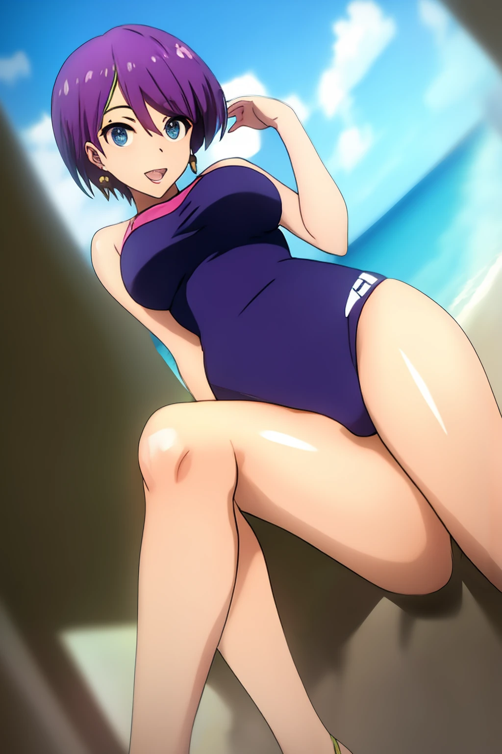 masterpiece, highest quality, High resolution,1 girl, alone,20's style,short_hair, green_eye, hair_between_eye, jewelry, purple_hair,beautiful face,beautiful body,swimsuit, earrings, sexy pose,looking at the viewer,in the center of the image,  (beautiful_medium breasts:1.3), (beautiful_face:1.2),(slim_waist),(beautiful_thighs:1.1),